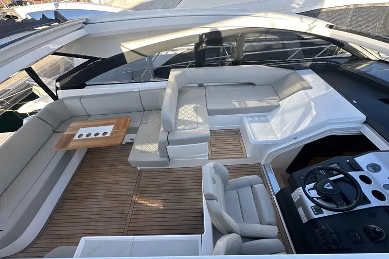  Yacht Photos Pics Luxurious 2021 Fairline Targa 45 Open yacht interior with elegant seating and modern helm.