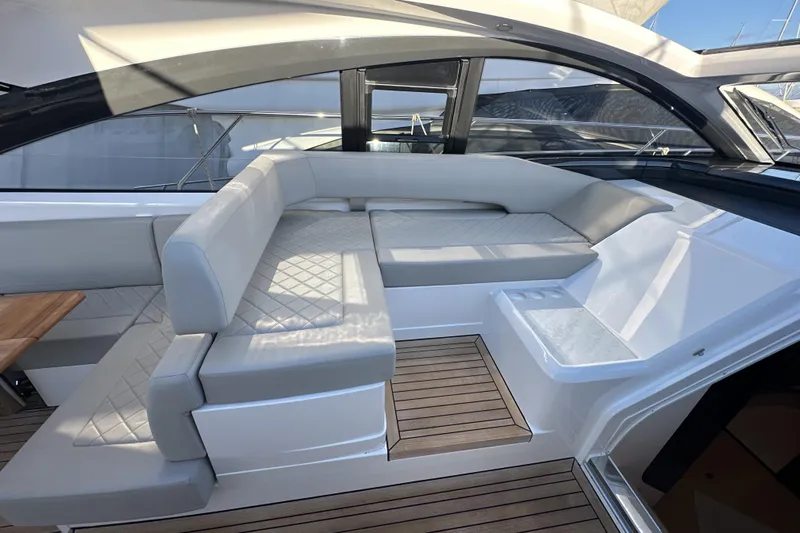 Yacht Photos Pics Luxurious seating area on 2021 Fairline Targa 45 Open yacht with elegant design.