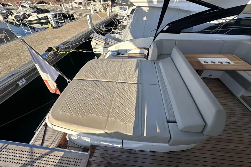  Yacht Photos Pics Luxurious 2021 Fairline Targa 45 Open yacht with elegant seating and wooden deck.