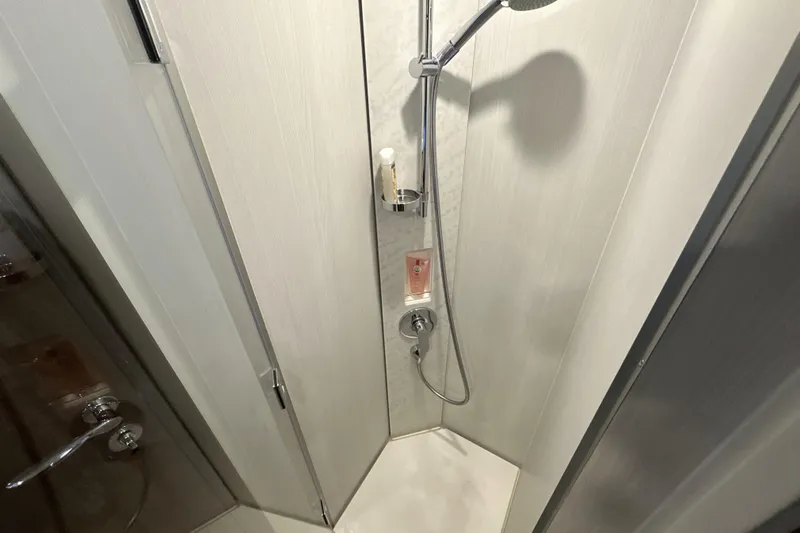  Yacht Photos Pics Shower area in 2021 Fairline Targa 45 Open yacht, featuring modern fixtures.