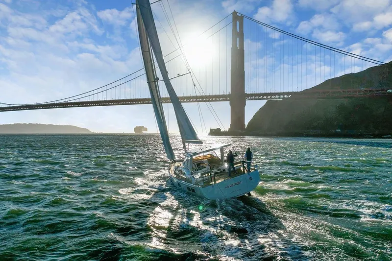 No Retreat Yacht Photos Pics Sailboat Hylas H57 (2020) cruising under Golden Gate Bridge in sunny weather.