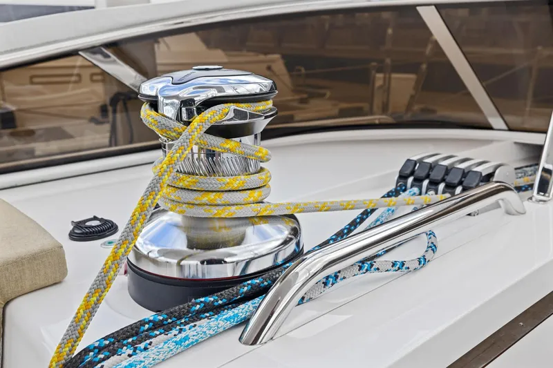 No Retreat Yacht Photos Pics Close-up of winch and ropes on 2020 Hylas H57 yacht deck.
