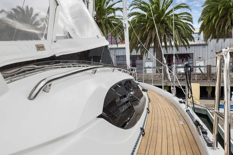 No Retreat Yacht Photos Pics 2020 Hylas H57 yacht docked, showcasing sleek design and wooden deck.