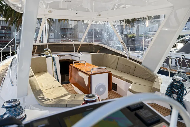 No Retreat Yacht Photos Pics Luxurious 2020 Hylas H57 yacht cockpit with comfortable seating and elegant design.