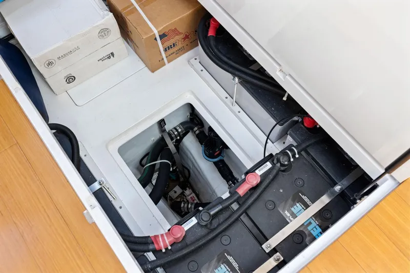 No Retreat Yacht Photos Pics 2020 Hylas H57 yacht interior showing battery compartment and wiring setup.