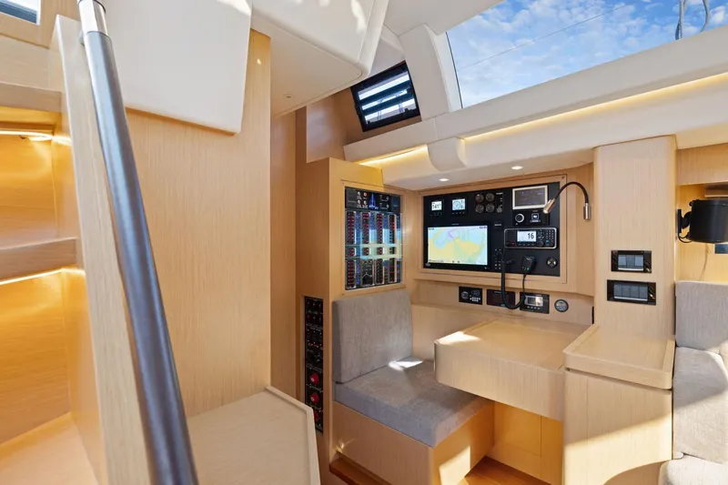 No Retreat Yacht Photos Pics Modern Hylas H57 yacht interior with navigation station, 2020 model.