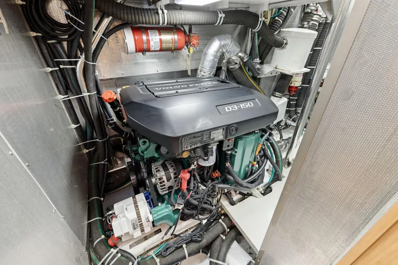 No Retreat Yacht Photos Pics Engine room of 2020 Hylas H57 yacht featuring Volvo Penta D3-150 engine.