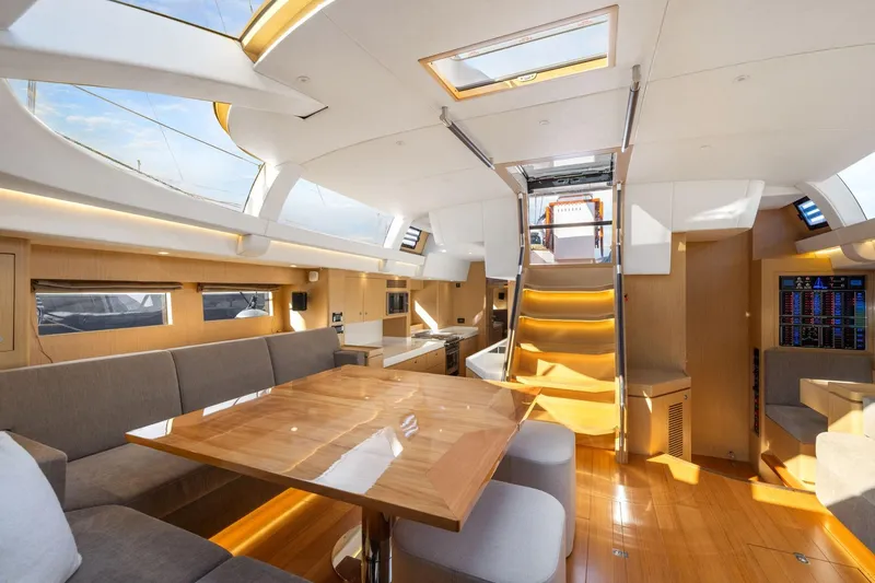 No Retreat Yacht Photos Pics Luxurious interior of 2020 Hylas H57 yacht with modern design and ample natural light.