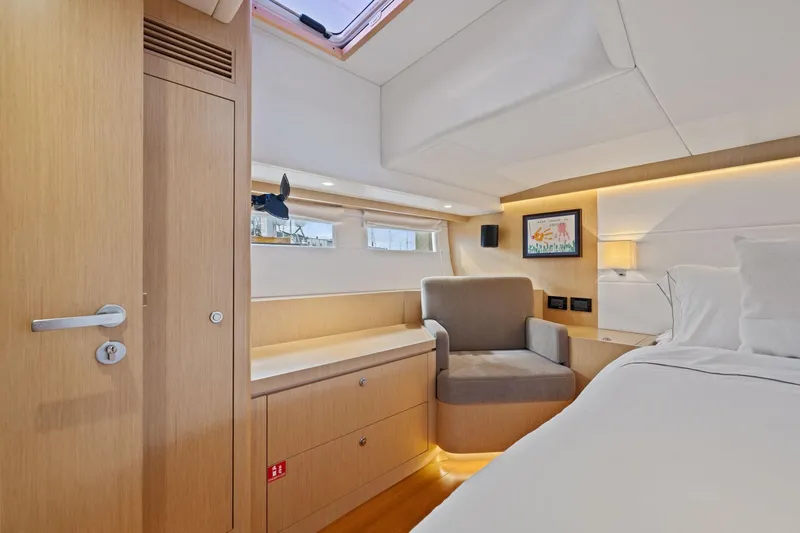 No Retreat Yacht Photos Pics Luxurious interior of 2020 Hylas H57 yacht with modern furnishings and elegant design.