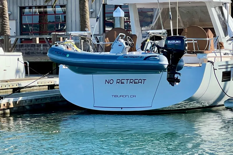 No Retreat Yacht Photos Pics Luxury Hylas H57 yacht "No Retreat" docked with dinghy, Tiburon, CA, 2020 model.