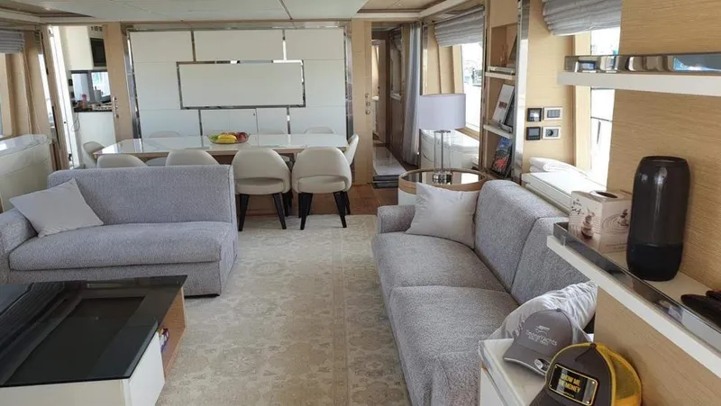  Yacht Photos Pics Luxurious interior of 2013 Benetti Delfino 93 yacht with modern furnishings.