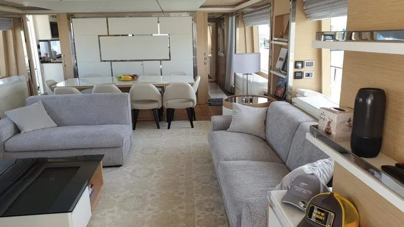  Yacht Photos Pics Luxurious interior of 2013 Benetti Delfino 93 yacht with modern furnishings and elegant decor.