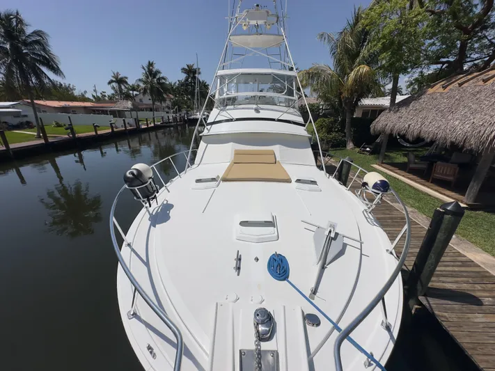 Laid Back Yacht Photos Pics 1983 Bertram 46 Convertible yacht docked in a serene marina setting.