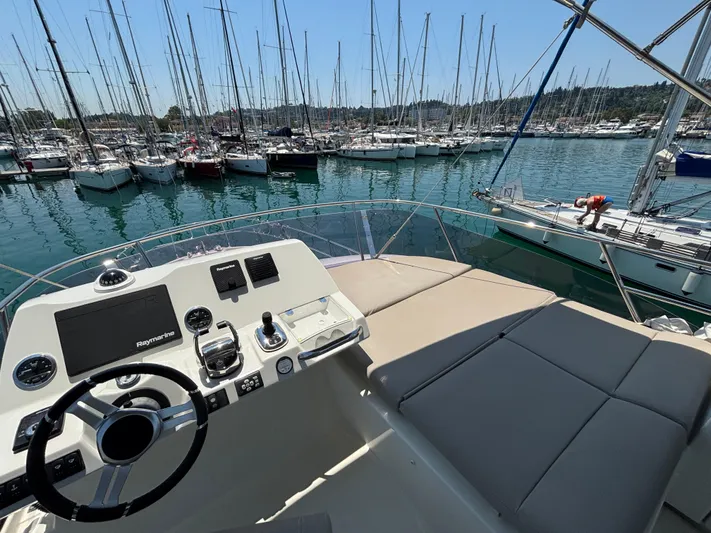  Yacht Photos Pics Flybridge view of 2020 Jeanneau Prestige 420, overlooking marina with numerous sailboats.