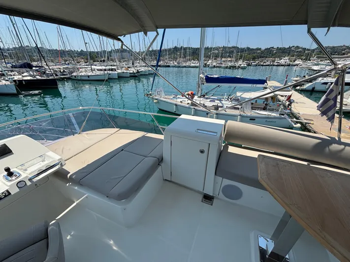  Yacht Photos Pics Flybridge view of 2020 Jeanneau Prestige 420, docked in a marina with sailboats.