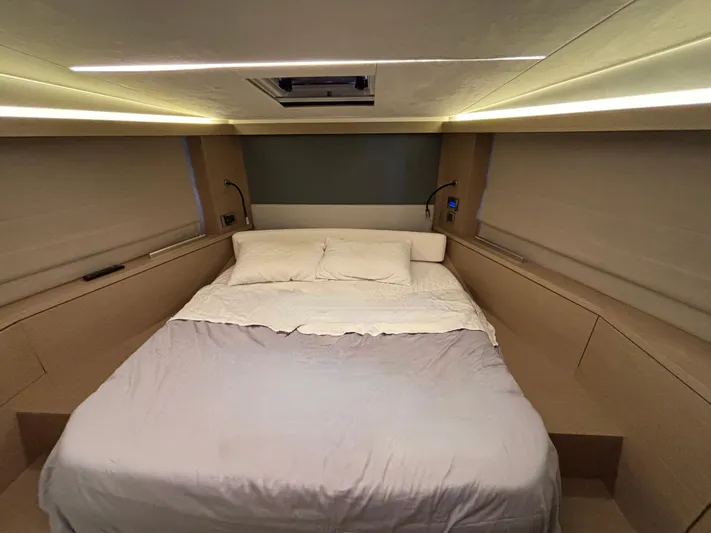  Yacht Photos Pics Luxurious bedroom interior of 2020 Jeanneau Prestige 420 Flybridge yacht.