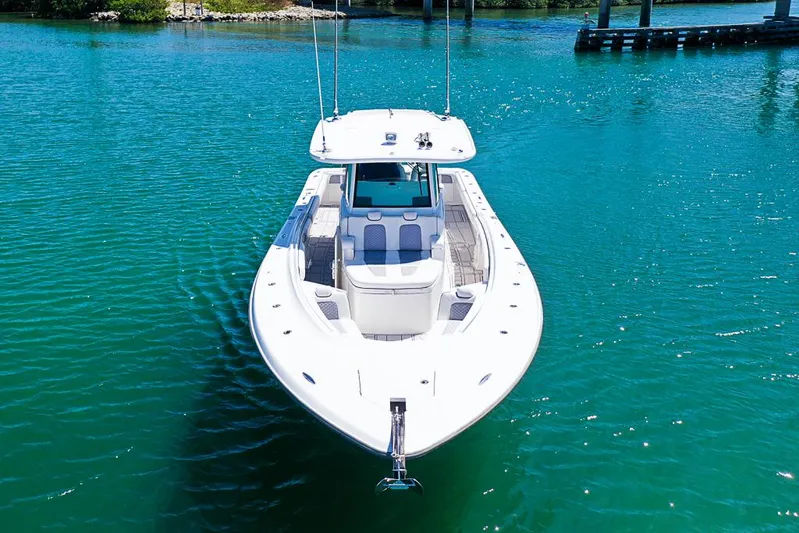  Yacht Photos Pics 2019 HCB 39 Speciale boat on clear turquoise water, front view.