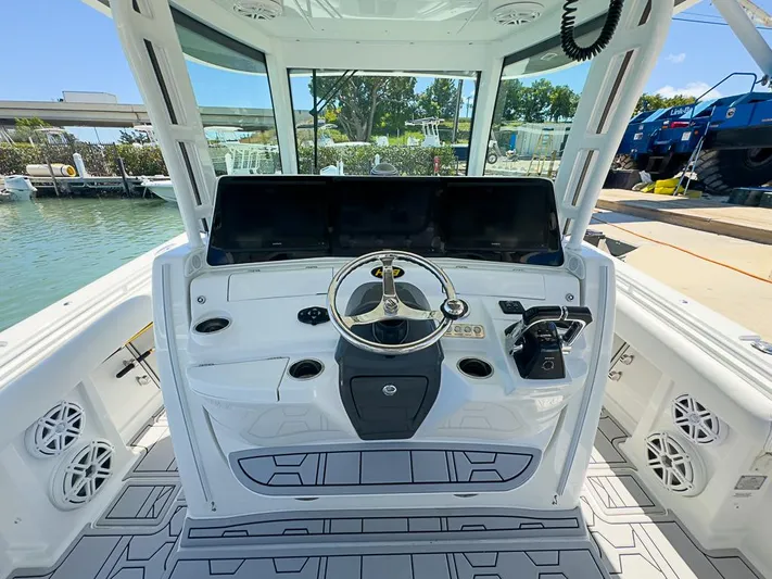 Yacht Photos Pics 2019 HCB 39 Speciale boat helm with modern controls and steering wheel.