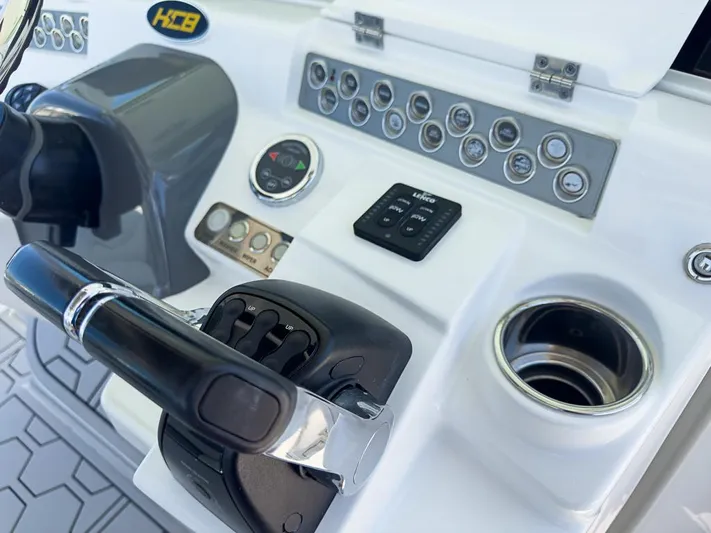  Yacht Photos Pics Control panel of 2019 HCB 39 Speciale boat with throttle and gauges.