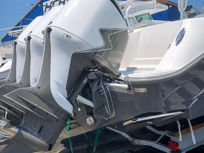  Yacht Photos Pics 2019 HCB 39 Speciale boat with powerful outboard engines on display.