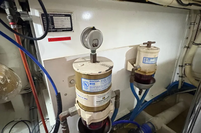 Revere Yacht Photos Pics Engine room of 2002 Grand Banks 42 Classic with Racor fuel filters.