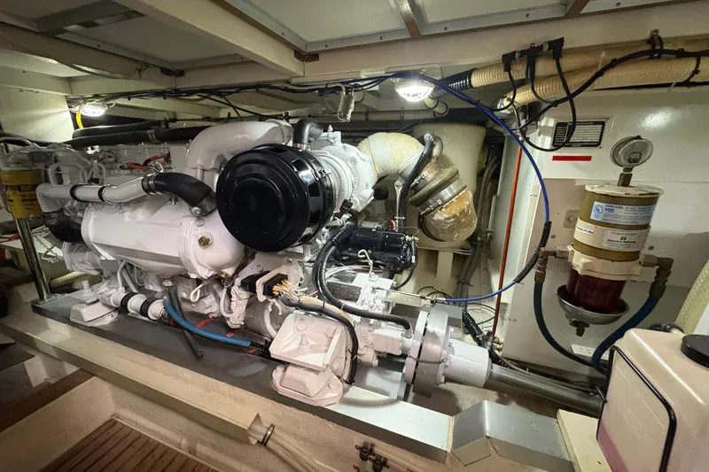 Revere Yacht Photos Pics Engine room of 2002 Grand Banks 42 Classic yacht, showcasing detailed machinery and components.