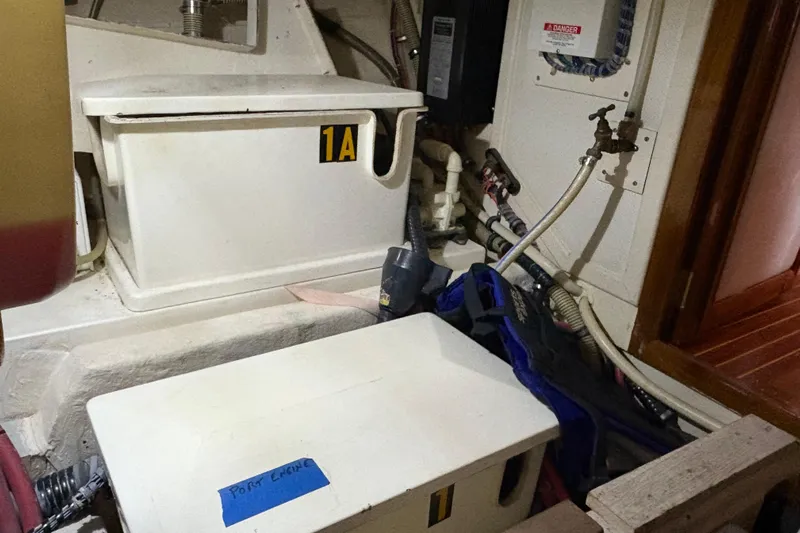 Revere Yacht Photos Pics Engine room of 2002 Grand Banks 42 Classic with labeled components and wiring.