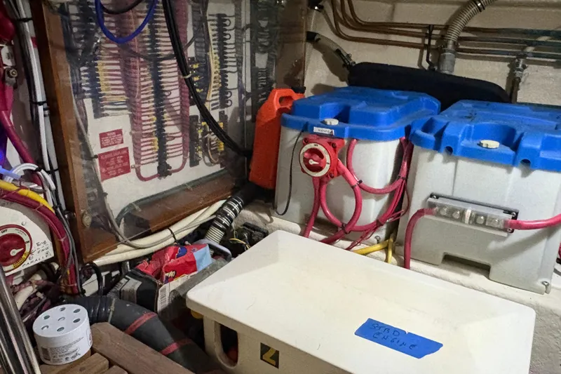 Revere Yacht Photos Pics Engine room of 2002 Grand Banks 42 Classic with wiring and battery setup.