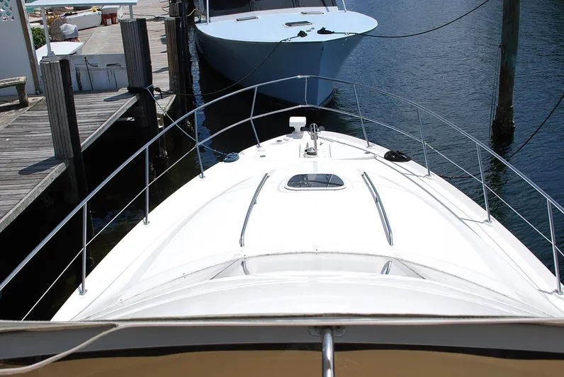  Yacht Photos Pics 2004 Sea Ray Sedan Bridge yacht docked at marina, viewed from bow.