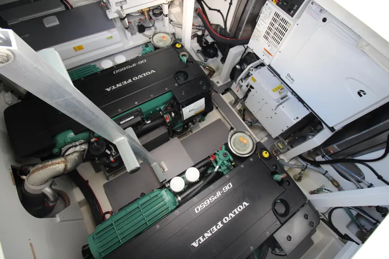  Yacht Photos Pics Engine room of 2025 Prestige 520 yacht with Volvo Penta engines.