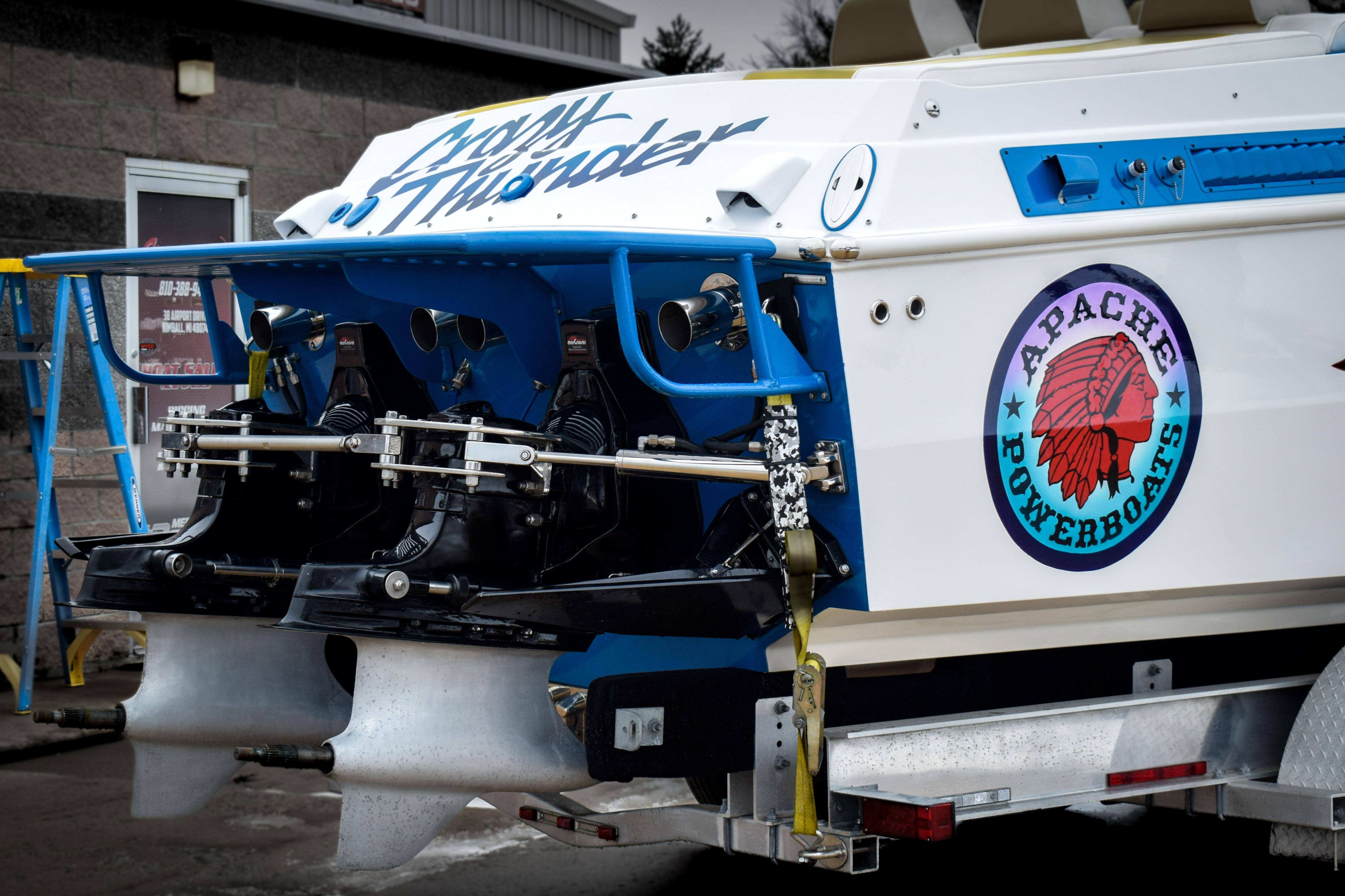 1998 Apache 36 WARRIOR powerboat with dual engines and Apache Powerboats logo.