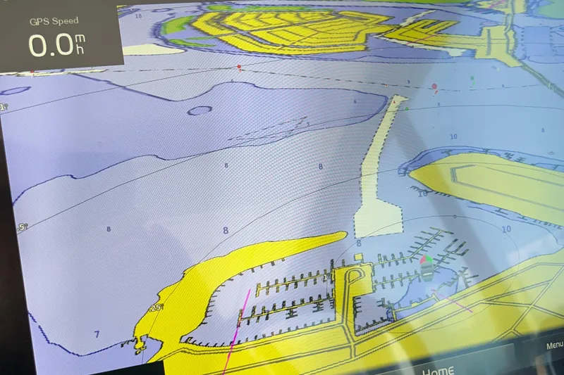 Y Knot Yacht Photos Pics Navigation screen on a 2021 Regal 36 Grande Coupe displaying a nautical map.