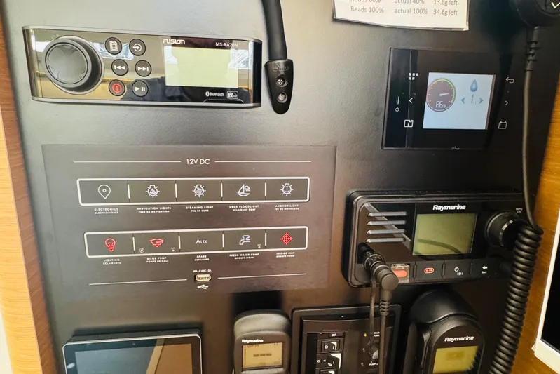 Pearl Yacht Photos Pics Control panel of a 2023 Jeanneau 380 yacht with navigation and communication systems.