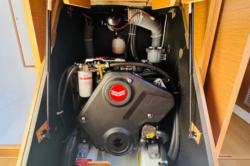 Pearl Yacht Photos Pics Engine compartment of 2023 Jeanneau 380 sailboat with Yanmar engine.