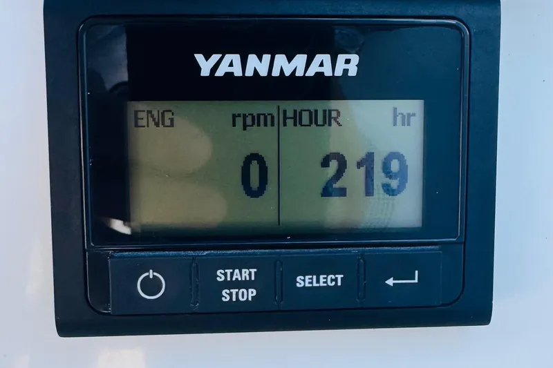 Pearl Yacht Photos Pics Yanmar engine display showing 219 hours on a 2023 Jeanneau 380.