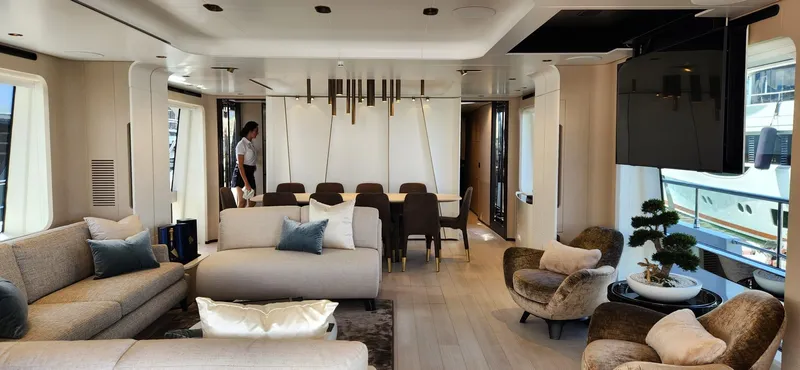 Sunlife Yacht Photos Pics Luxurious interior of 2024 Azimut Grande 27 METRI yacht with elegant seating and decor.