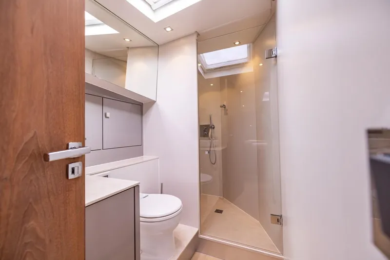 Wild Thing Yacht Photos Pics Modern yacht bathroom with shower, toilet, and skylight in 2016 Explorer NG 50 Alu Fast Going.