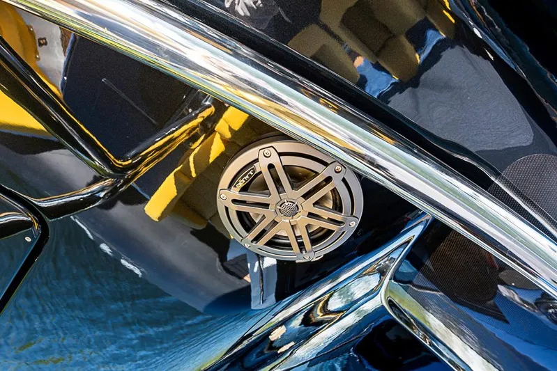  Yacht Photos Pics Close-up of 2025 SACS Strider 11 boat speaker and sleek design details.