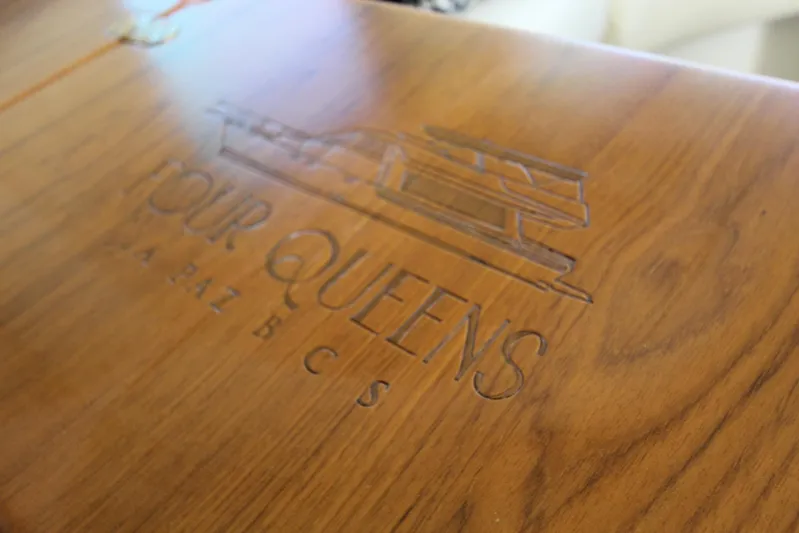  Yacht Photos Pics Engraved wood detail on 2000 Bayliner 4788 Pilothouse Motoryacht.