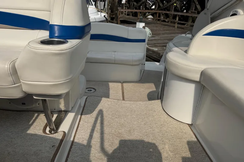  Yacht Photos Pics Interior of 2003 Formula 37 Performance Cruiser with white and blue seating.