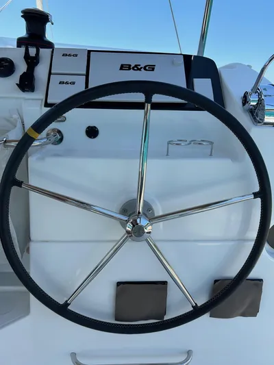 My Way Yacht Photos Pics Steering wheel of 2017 Lagoon 39 catamaran with B&G navigation system.