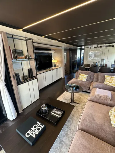  Yacht Photos Pics Luxurious interior of 2023 Cranchi Settantotto 78 yacht with modern furnishings and elegant decor.