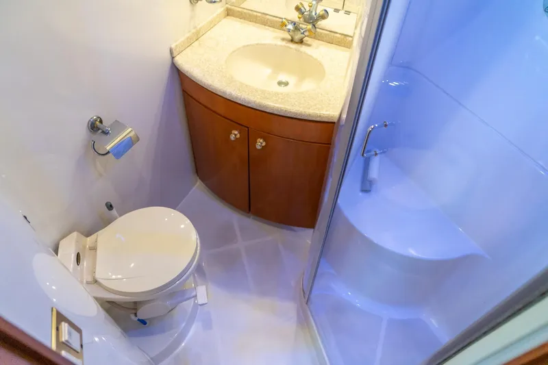  Yacht Photos Pics Compact bathroom in 2000 Carver 450 Voyager Pilothouse with shower, sink, and toilet.