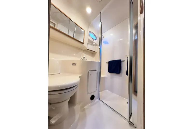 Rising Tide Yacht Photos Pics Bathroom interior of 1996 Sea Ray 400 Sedan Bridge yacht, featuring shower and toilet.