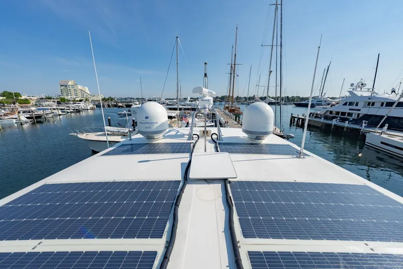 Dash Yacht Photos Pics 2016 Grand Banks 72 Aleutian RP yacht with solar panels docked at marina.