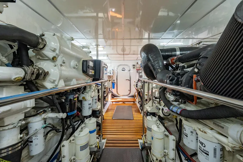 Dash Yacht Photos Pics Engine room of 2016 Grand Banks 72 Aleutian RP yacht, showcasing machinery and equipment.