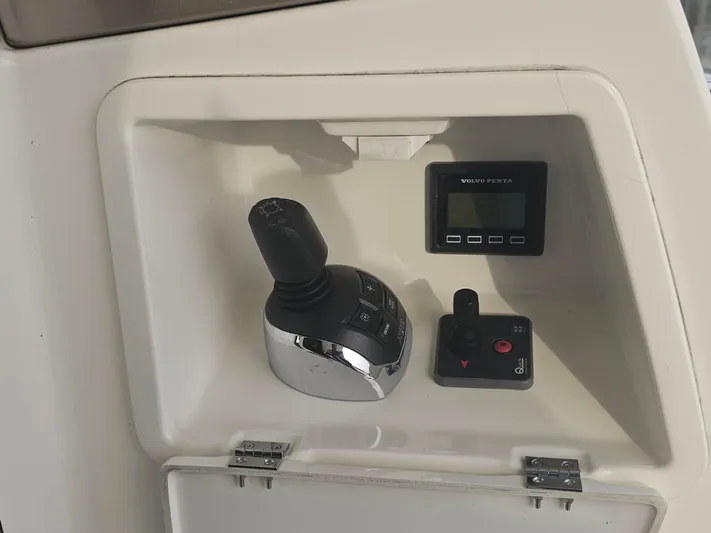Yes Yacht Photos Pics Control panel of a 2016 Prestige 500 S yacht with joystick and display.