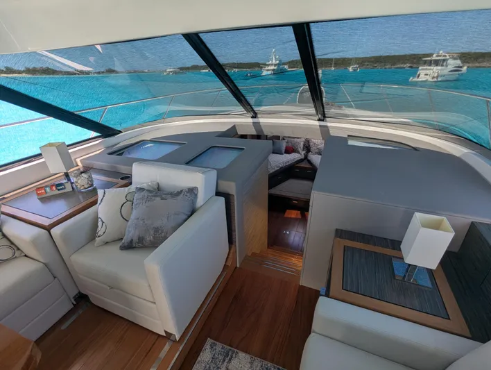 Sapphire Yacht Photos Pics Luxurious interior of 2020 Tiara Yachts F53 Flybridge with ocean view.
