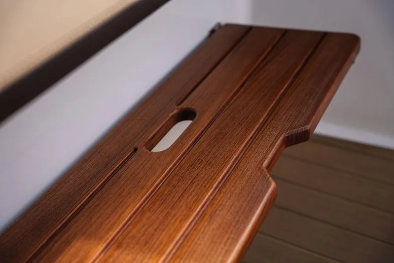  Yacht Photos Pics 2023 Sea Ray Sundancer 370 Outboard wooden deck detail with sleek finish.