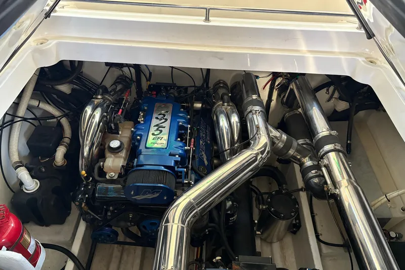  Yacht Photos Pics Engine compartment of a 2006 Fountain 42 Lightning boat with polished components.